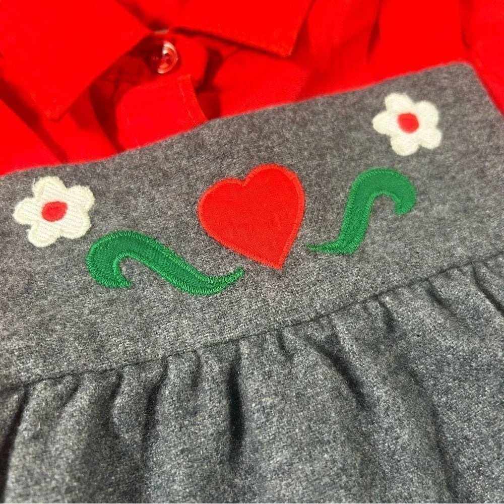 Vintage 70s Folk Jumper Dress Set Red Shirt Heart Flower Applique 4T Girls